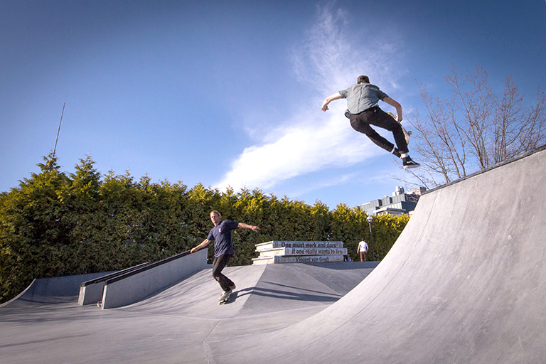 Students shred it out in North America‘s first campus skate park. Photo credit: Jamil Rhajiak