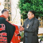 Chief Campbell (right) with Edwin Newman at the dedication of the Victory Through Honour Pole, 2005